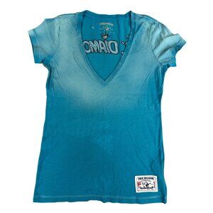True Religion Womens S Teal Ombre V-Neck Graphic Tee Cotton Casual Style Sequenc